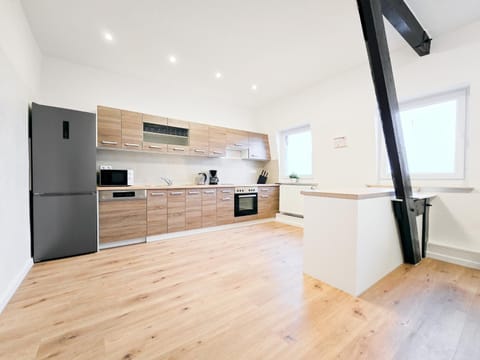 Kitchen or kitchenette, dishwasher, oven, stove