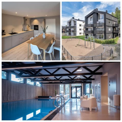 Property building, Kitchen or kitchenette, Dining area, Pool view, Swimming pool