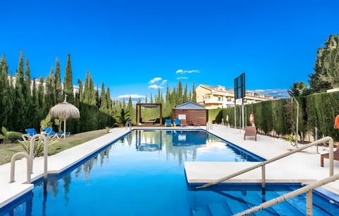 Property building, Living room, Swimming pool