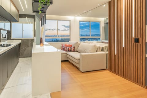 Kitchen or kitchenette, Living room, Decorative detail, Seating area, City view