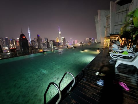 Night, City view, Pool view, Swimming pool