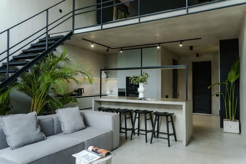 Kitchen or kitchenette, Living room, Seating area, Dining area