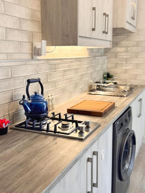 Kitchen or kitchenette, stove, washing machine