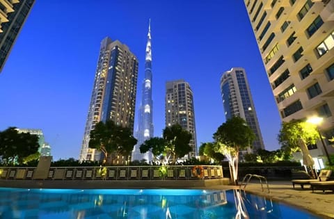 Property building, Night, City view, Pool view, Swimming pool