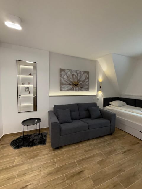 Bed, Living room, Seating area