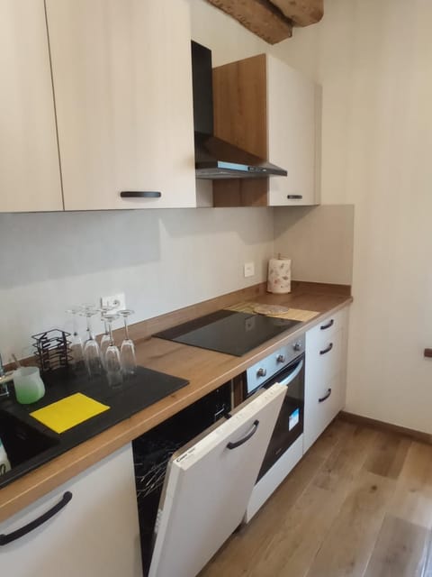 Kitchen or kitchenette, dishwasher, stove