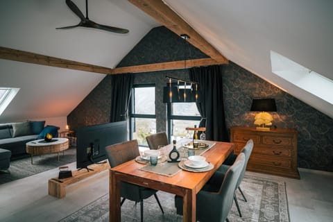 Living room, Seating area, Dining area, City view, Mountain view, River view