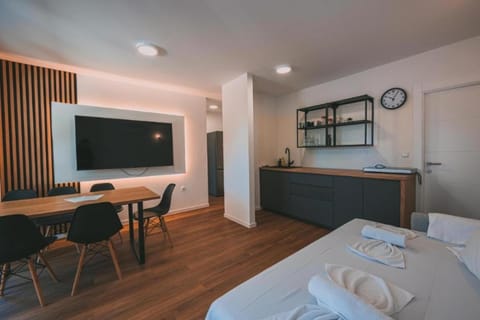 Bed, TV and multimedia, Kitchen or kitchenette, Living room, Photo of the whole room, Dining area, towels