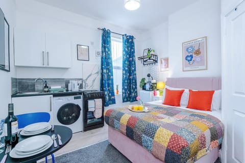 Bed, Kitchen or kitchenette, Photo of the whole room, Seating area, Bedroom, oven, stove, towels, washing machine, dryer