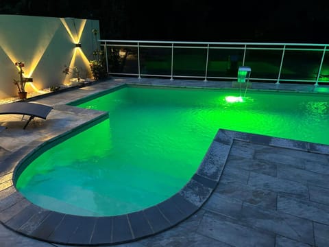 Night, Pool view, Swimming pool, sunbed