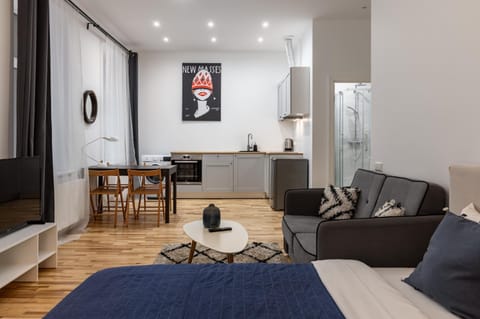 Bed, TV and multimedia, Kitchen or kitchenette, Living room, Photo of the whole room, Seating area, Dining area, Bedroom