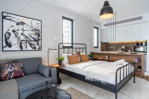 Bed, Kitchen or kitchenette, Seating area, air conditioner