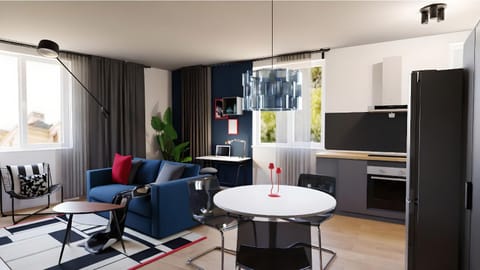 Kitchen or kitchenette, Living room, Seating area, Dining area