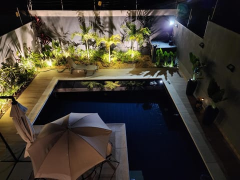 Patio, Night, Natural landscape, Garden, Garden view, Pool view, Swimming pool, sunbed
