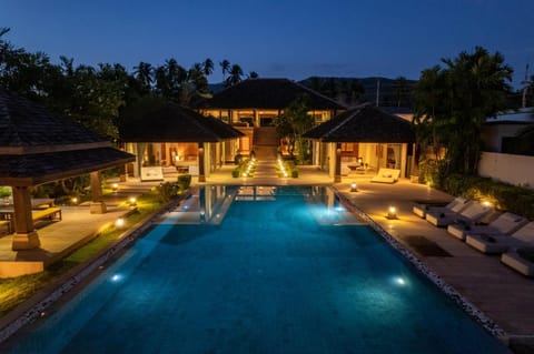 Property building, Patio, Night, Bird's eye view, Pool view, Swimming pool, sunbed