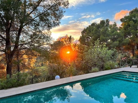 Natural landscape, Garden, Pool view, Swimming pool, Sunset