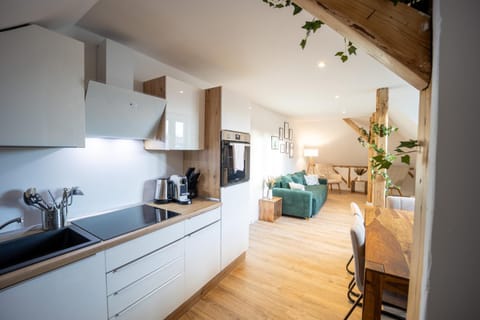 Coffee/tea facilities, Kitchen or kitchenette, Living room, Seating area, Dining area, stove, toaster