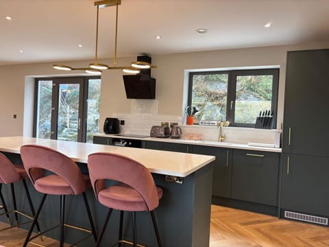 Coffee/tea facilities, Kitchen or kitchenette, Dining area, oven, stove