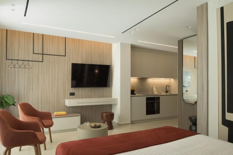 Bed, TV and multimedia, Kitchen or kitchenette, Living room, Photo of the whole room, Seating area, Bedroom