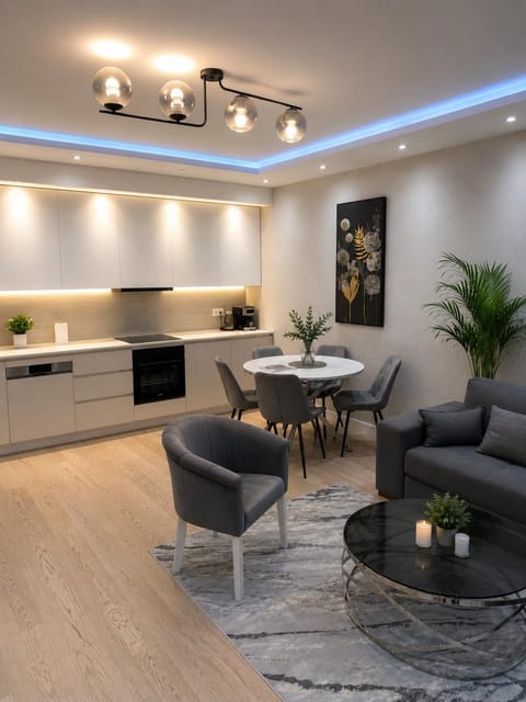 Kitchen or kitchenette, Living room, Seating area, Dining area