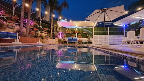 Night, Garden, Pool view, Swimming pool