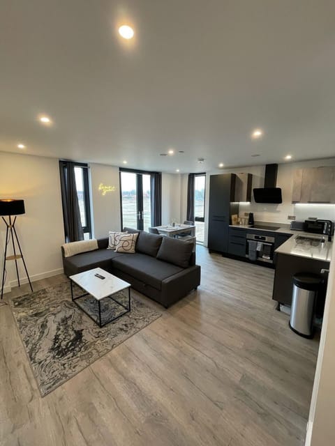 Kitchen or kitchenette, Living room, Seating area, Dining area, stove