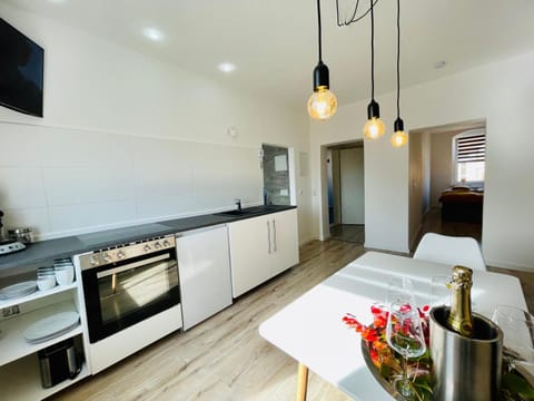 Photo of the whole room, Dining area, oven, stove, kitchen