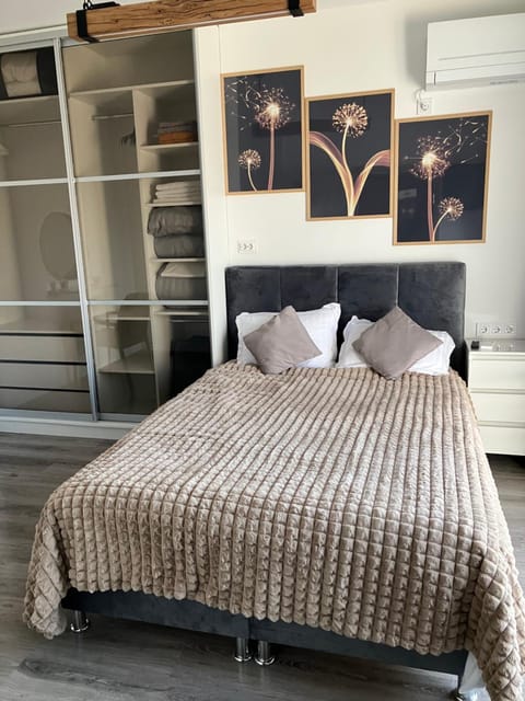 Bed, wardrobe