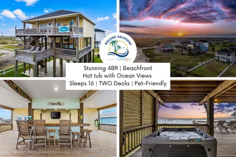 Waves & Whiskey Beachfront HotTub Double Decks! Tiki Bar House in Bolivar Peninsula