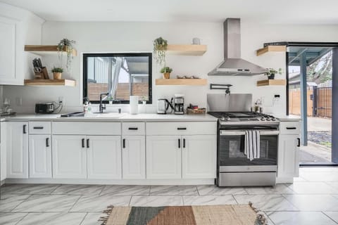 Kitchen or kitchenette, stove, toaster
