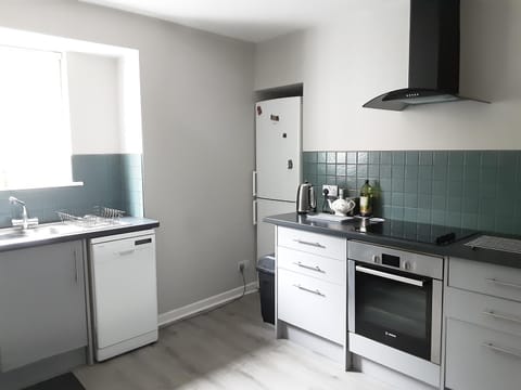 Kitchen or kitchenette, dishwasher, oven, stove, toaster, washing machine