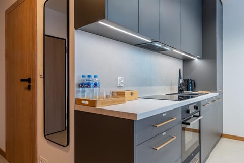 Kitchen or kitchenette, dishwasher, oven, stove