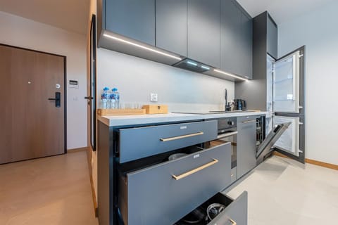 Kitchen or kitchenette, dishwasher, oven, stove