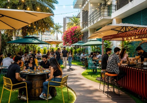 Property building, Restaurant/places to eat, Garden, Food, Garden view