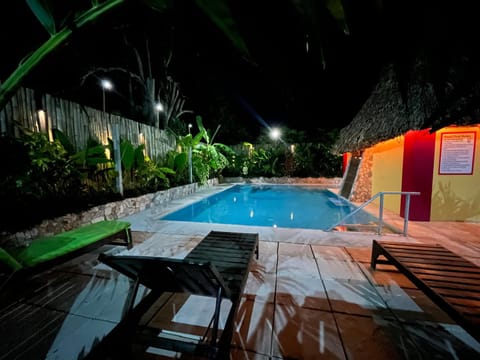 Night, Pool view, Swimming pool, sunbed