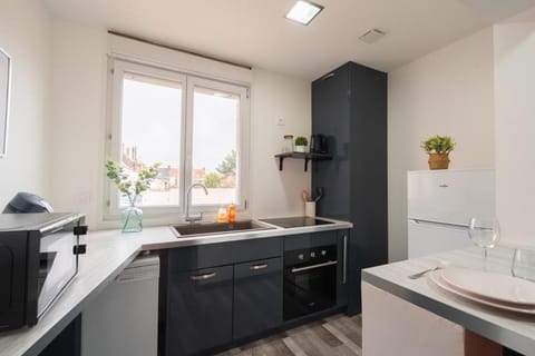 Kitchen or kitchenette, dishwasher, oven, stove