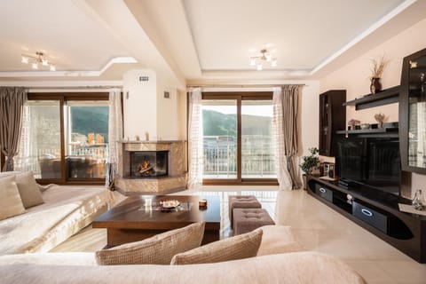 Living room, Seating area, Mountain view, fireplace