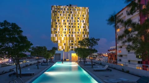 Property building, Night, Pool view, Swimming pool