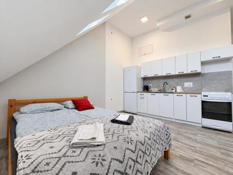 Bed, Kitchen or kitchenette, Photo of the whole room, Bedroom, stove, towels