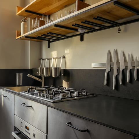 Kitchen or kitchenette, stove, kitchen