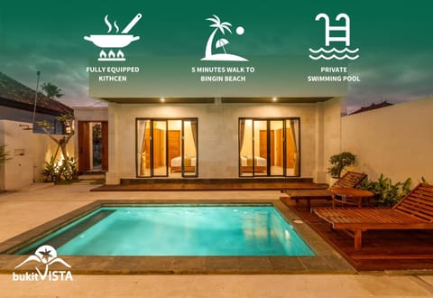 Text overlay, Pool view, Swimming pool, sunbed