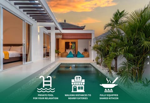Text overlay, Pool view, Swimming pool, sunbed