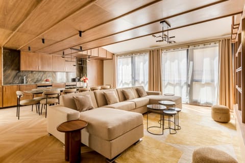 Kitchen or kitchenette, Living room, Seating area, Dining area, stove