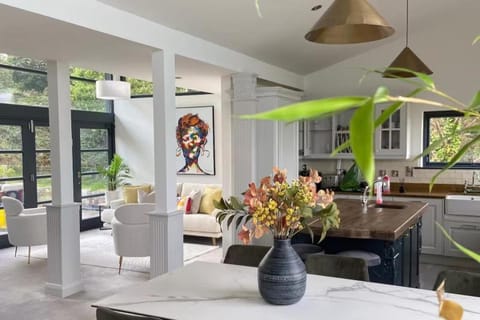 Kitchen or kitchenette, Living room, Seating area, Dining area