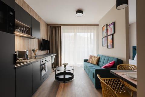 Kitchen or kitchenette, Living room, Seating area, stove
