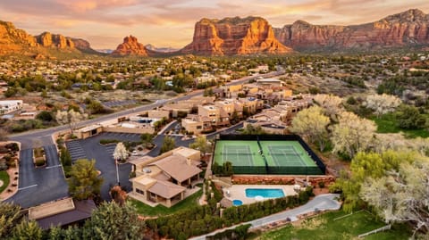 Neighbourhood, Natural landscape, Bird's eye view, Tennis court, Mountain view, Pool view, Swimming pool, Sunset