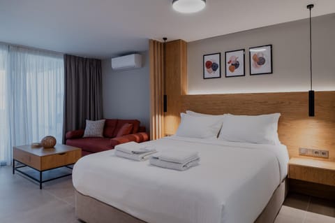 Bed, Photo of the whole room, Seating area, Bedroom, towels, air conditioner