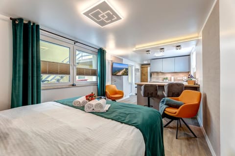 Bed, TV and multimedia, Kitchen or kitchenette, Living room, Photo of the whole room, Seating area, Bedroom