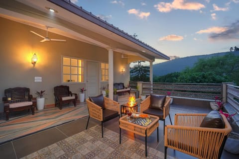 Property building, Patio, Day, Natural landscape, View (from property/room), Balcony/Terrace, Living room, Seating area, Dining area, Mountain view