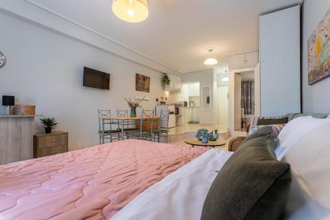 Bed, TV and multimedia, Kitchen or kitchenette, Living room, Photo of the whole room, Seating area, Dining area, Bedroom